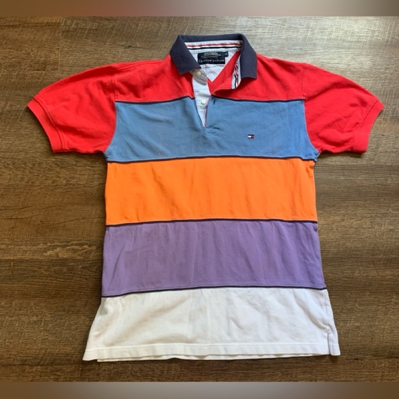 TOMMY HILFIGER Y2K polo shirt cotton preppy golf resort bright color block M EUC - Picture 5 of 7